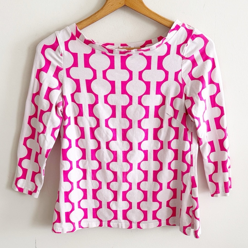 Gretchen Scott Women’s Tunic Shirt Neon Pink Geometric Boat Neck 3/4 Sleeve XS